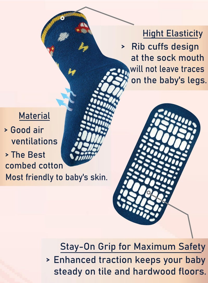 RATIVE Non Skid Anti Slip Slipper Cotton Crew Socks With Grips for Baby Toddlers Kids Boys (1-3T, 6-pairs/RB-712) - Image 3